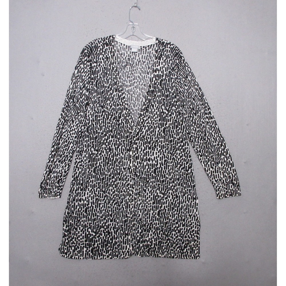 Chicos‎ Cardigan Black White Geometric Longline Button Front Thin Knit Cover Up